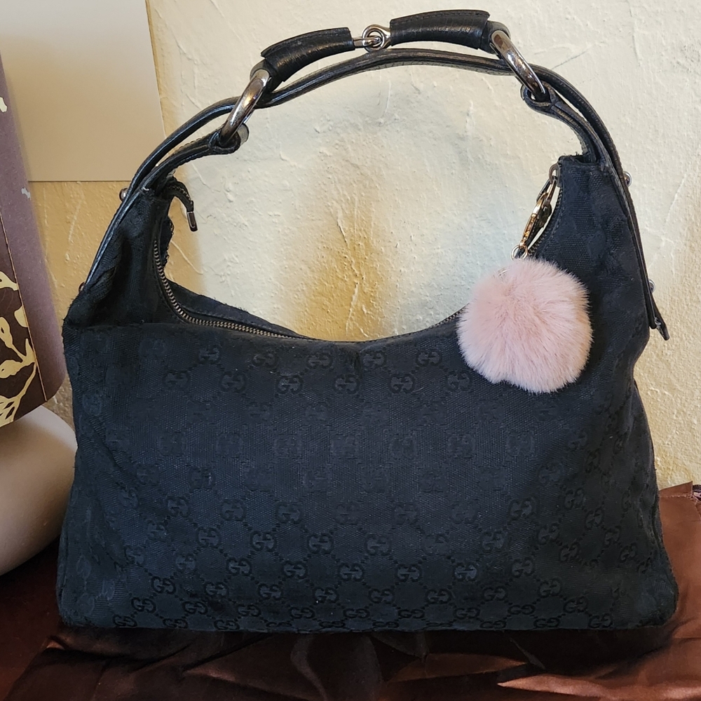 Gucci Black Horsebit Medium Canvas Hobo